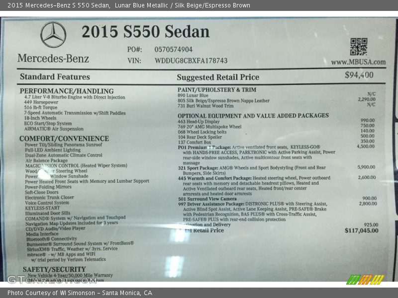 Lunar Blue Metallic / Silk Beige/Espresso Brown 2015 Mercedes-Benz S 550 Sedan