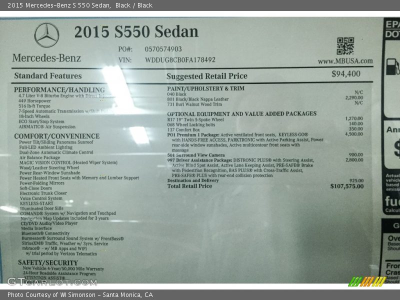 Black / Black 2015 Mercedes-Benz S 550 Sedan