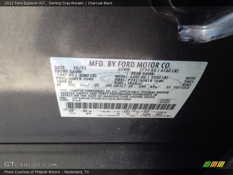 Sterling Gray Metallic / Charcoal Black 2012 Ford Explorer XLT