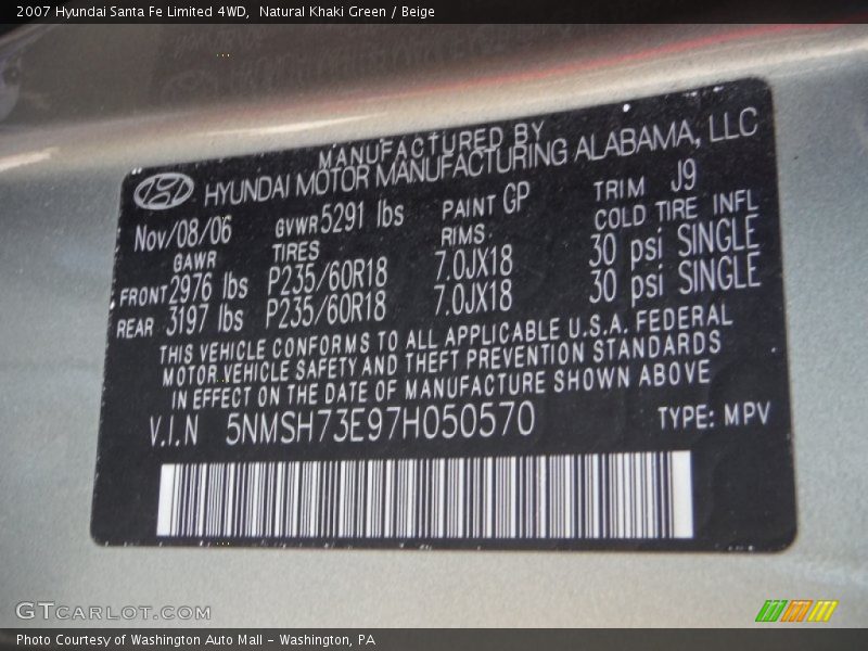 Natural Khaki Green / Beige 2007 Hyundai Santa Fe Limited 4WD