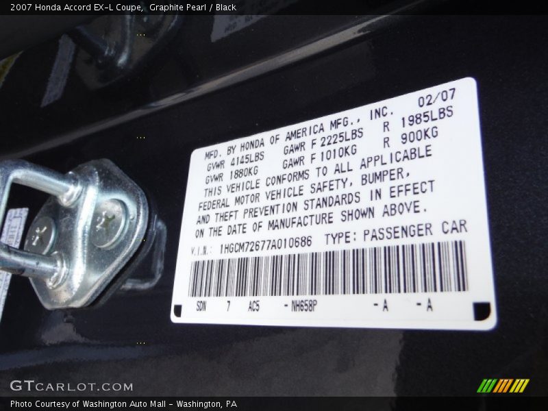 Graphite Pearl / Black 2007 Honda Accord EX-L Coupe