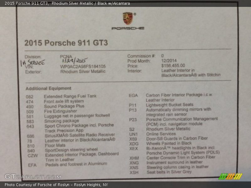  2015 911 GT3 Window Sticker