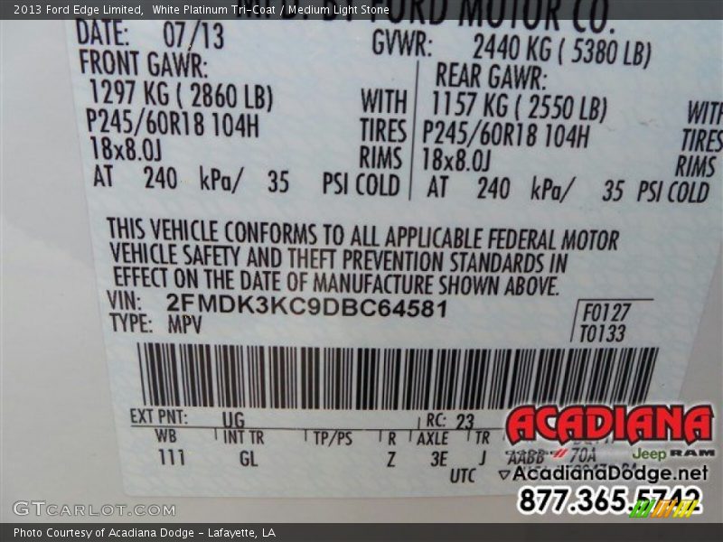 White Platinum Tri-Coat / Medium Light Stone 2013 Ford Edge Limited