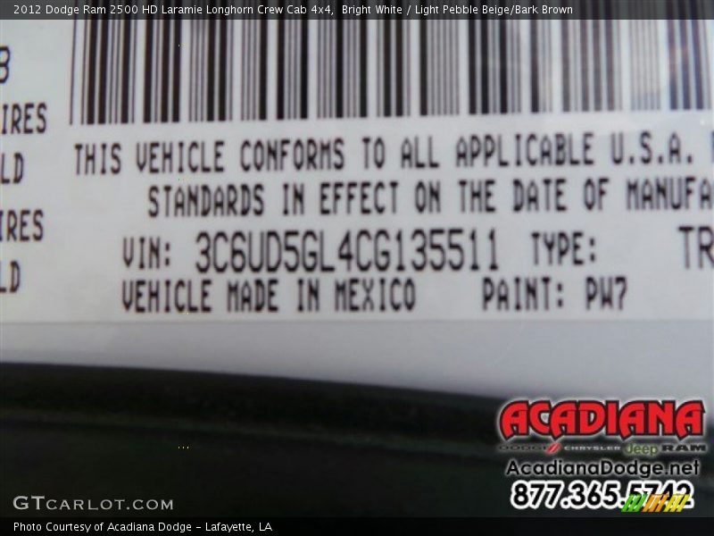 Bright White / Light Pebble Beige/Bark Brown 2012 Dodge Ram 2500 HD Laramie Longhorn Crew Cab 4x4