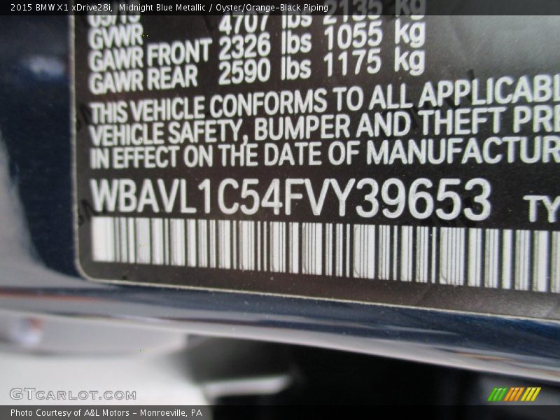 Midnight Blue Metallic / Oyster/Orange-Black Piping 2015 BMW X1 xDrive28i