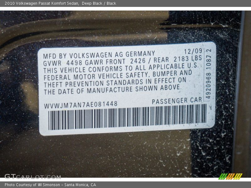 Deep Black / Black 2010 Volkswagen Passat Komfort Sedan