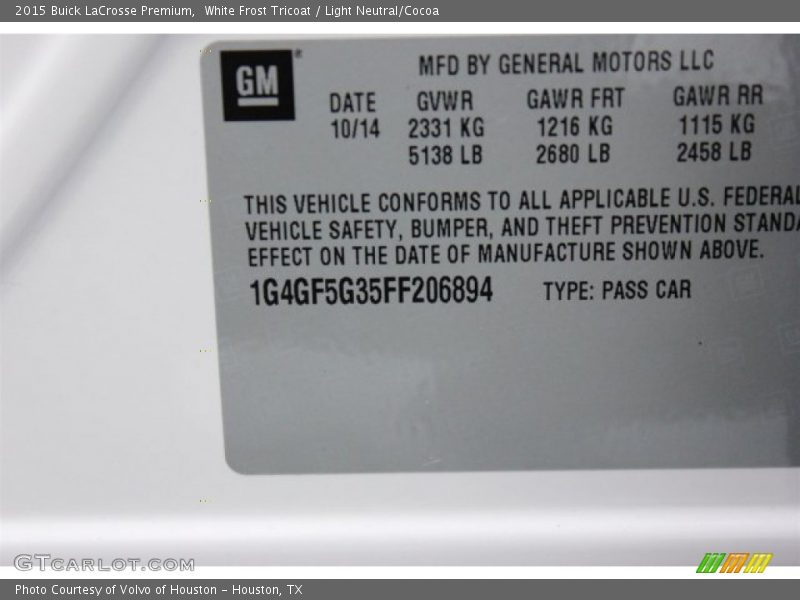 White Frost Tricoat / Light Neutral/Cocoa 2015 Buick LaCrosse Premium