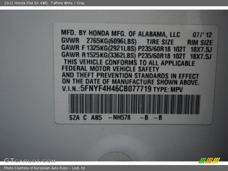 Taffeta White / Gray 2012 Honda Pilot EX 4WD