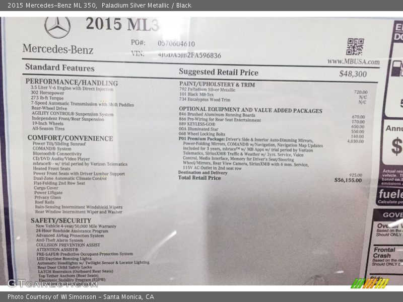 Paladium Silver Metallic / Black 2015 Mercedes-Benz ML 350