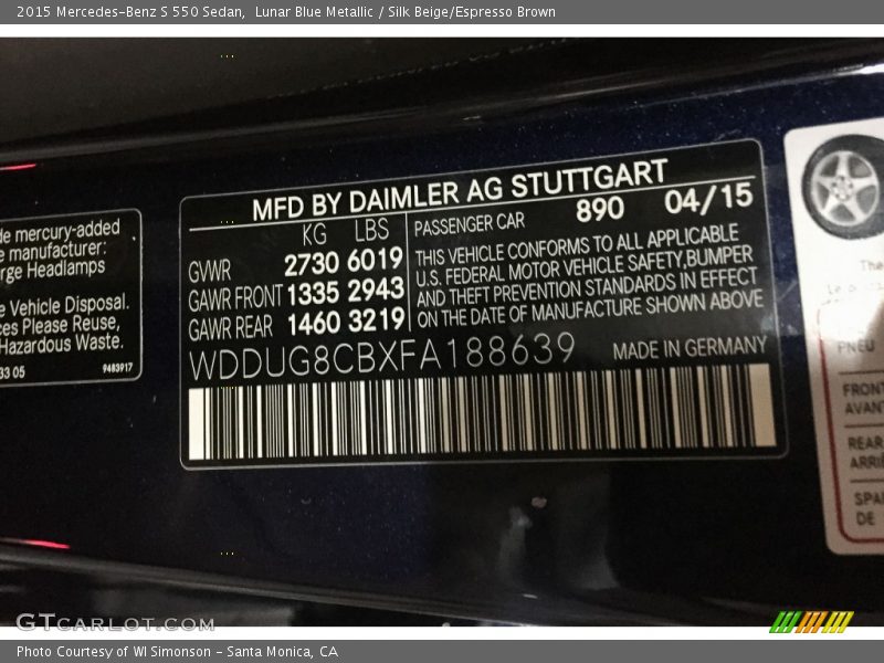 Lunar Blue Metallic / Silk Beige/Espresso Brown 2015 Mercedes-Benz S 550 Sedan