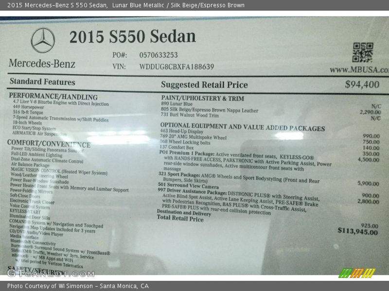 Lunar Blue Metallic / Silk Beige/Espresso Brown 2015 Mercedes-Benz S 550 Sedan