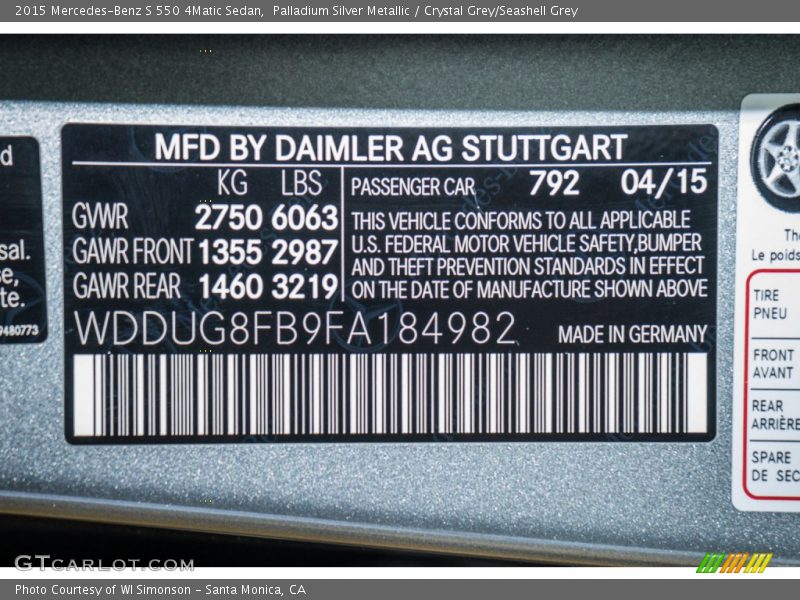 Palladium Silver Metallic / Crystal Grey/Seashell Grey 2015 Mercedes-Benz S 550 4Matic Sedan