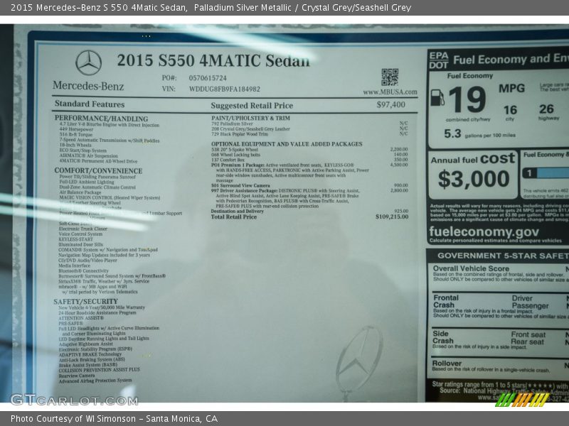 Palladium Silver Metallic / Crystal Grey/Seashell Grey 2015 Mercedes-Benz S 550 4Matic Sedan