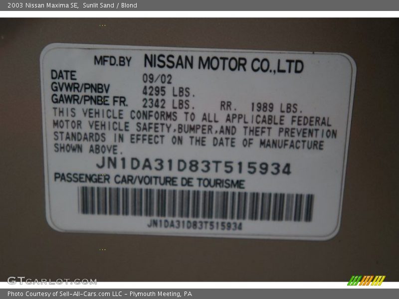 Sunlit Sand / Blond 2003 Nissan Maxima SE