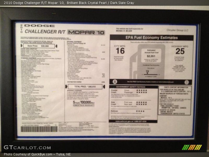 Brilliant Black Crystal Pearl / Dark Slate Gray 2010 Dodge Challenger R/T Mopar '10