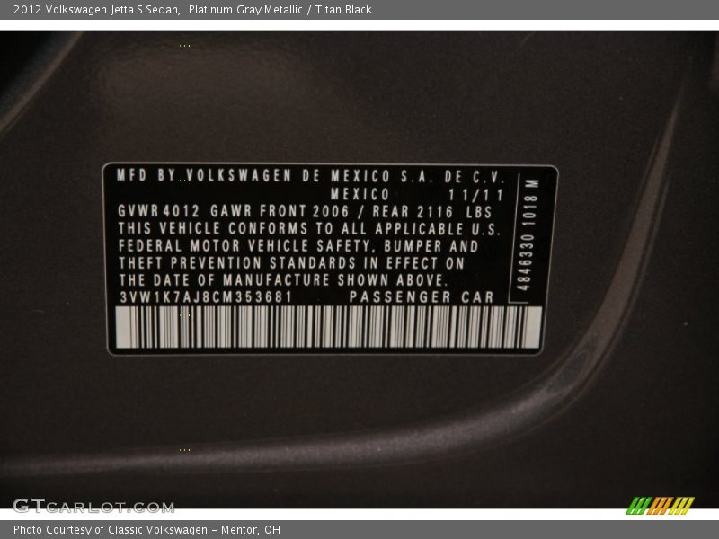 Platinum Gray Metallic / Titan Black 2012 Volkswagen Jetta S Sedan