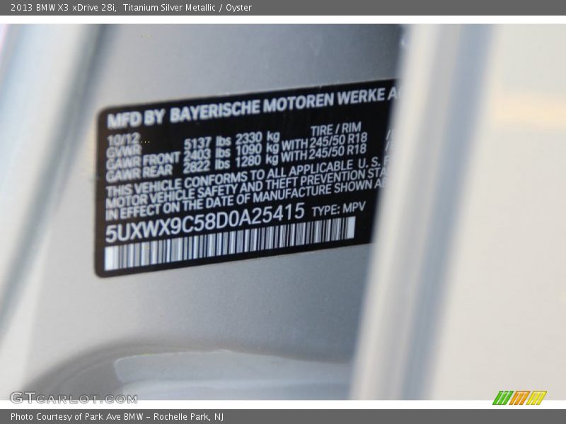 Titanium Silver Metallic / Oyster 2013 BMW X3 xDrive 28i