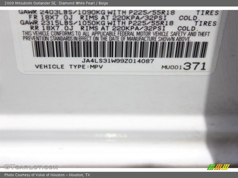 Diamond White Pearl / Beige 2009 Mitsubishi Outlander SE