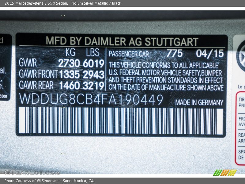 Iridium Silver Metallic / Black 2015 Mercedes-Benz S 550 Sedan
