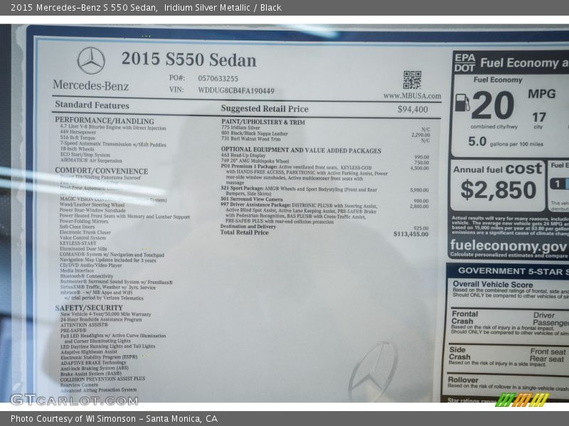 Iridium Silver Metallic / Black 2015 Mercedes-Benz S 550 Sedan