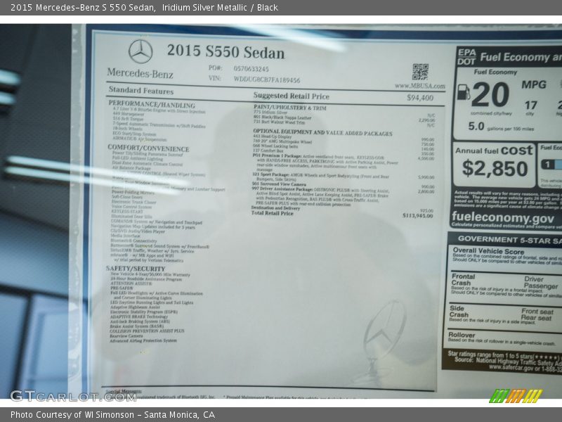 Iridium Silver Metallic / Black 2015 Mercedes-Benz S 550 Sedan