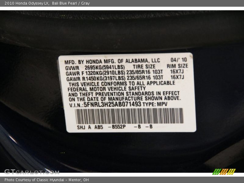 Bali Blue Pearl / Gray 2010 Honda Odyssey LX