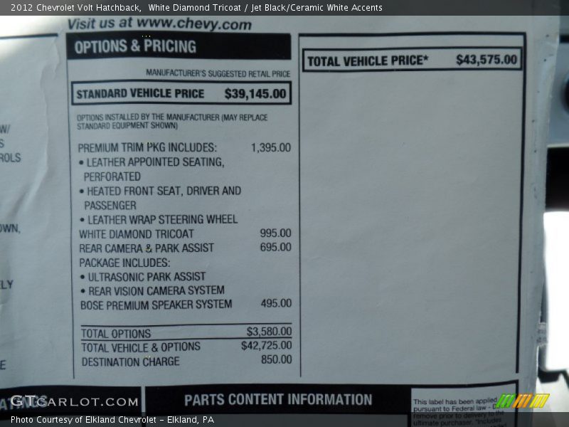 White Diamond Tricoat / Jet Black/Ceramic White Accents 2012 Chevrolet Volt Hatchback