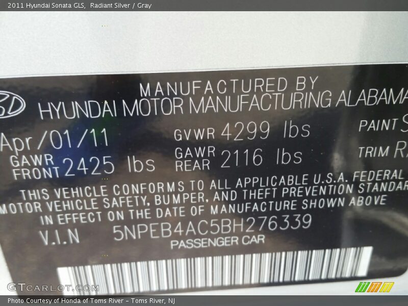 Radiant Silver / Gray 2011 Hyundai Sonata GLS