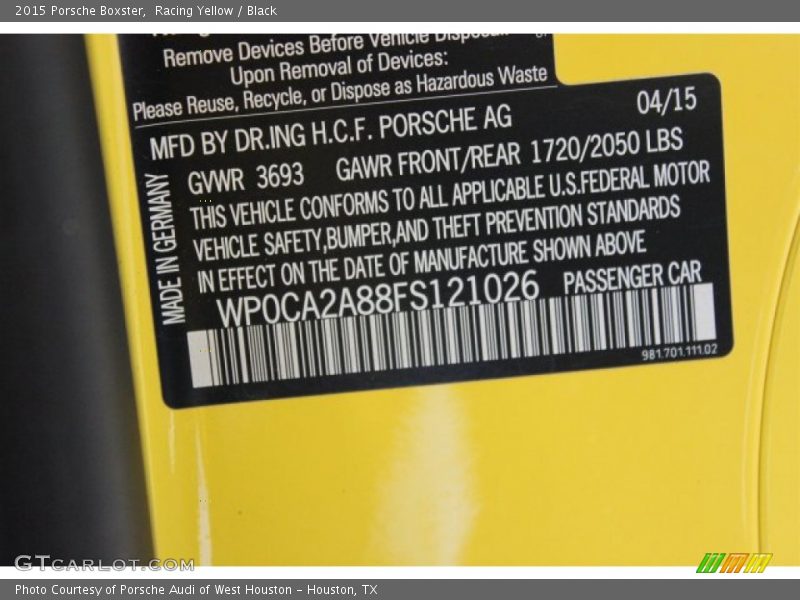 Racing Yellow / Black 2015 Porsche Boxster