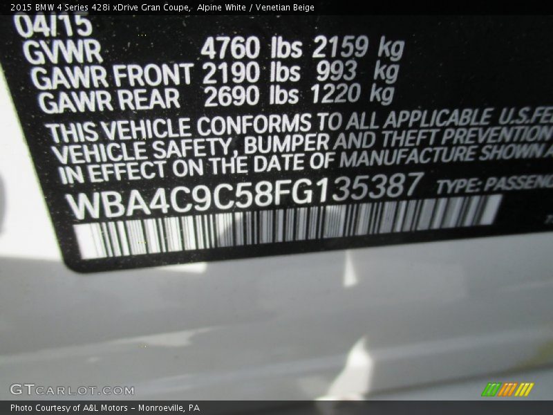 Alpine White / Venetian Beige 2015 BMW 4 Series 428i xDrive Gran Coupe