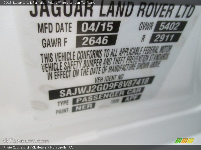 2015 XJ XJL Portfolio Polaris White Color Code NER