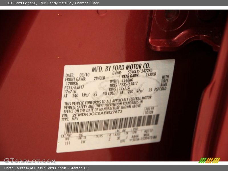 Red Candy Metallic / Charcoal Black 2010 Ford Edge SE