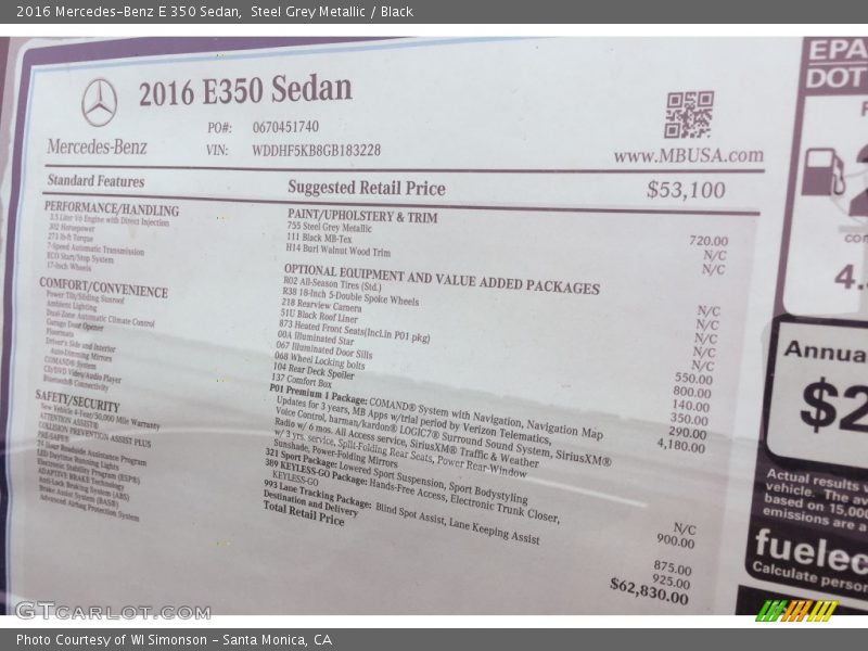 Steel Grey Metallic / Black 2016 Mercedes-Benz E 350 Sedan