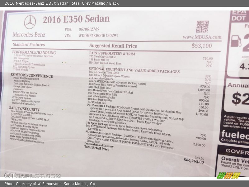  2016 E 350 Sedan Window Sticker