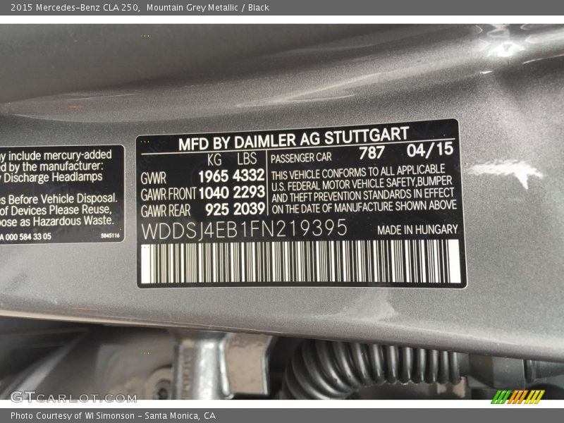 Mountain Grey Metallic / Black 2015 Mercedes-Benz CLA 250
