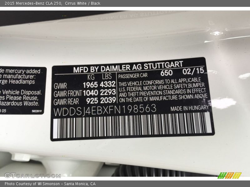 Cirrus White / Black 2015 Mercedes-Benz CLA 250