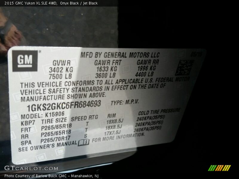 Onyx Black / Jet Black 2015 GMC Yukon XL SLE 4WD
