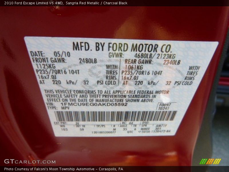Sangria Red Metallic / Charcoal Black 2010 Ford Escape Limited V6 4WD