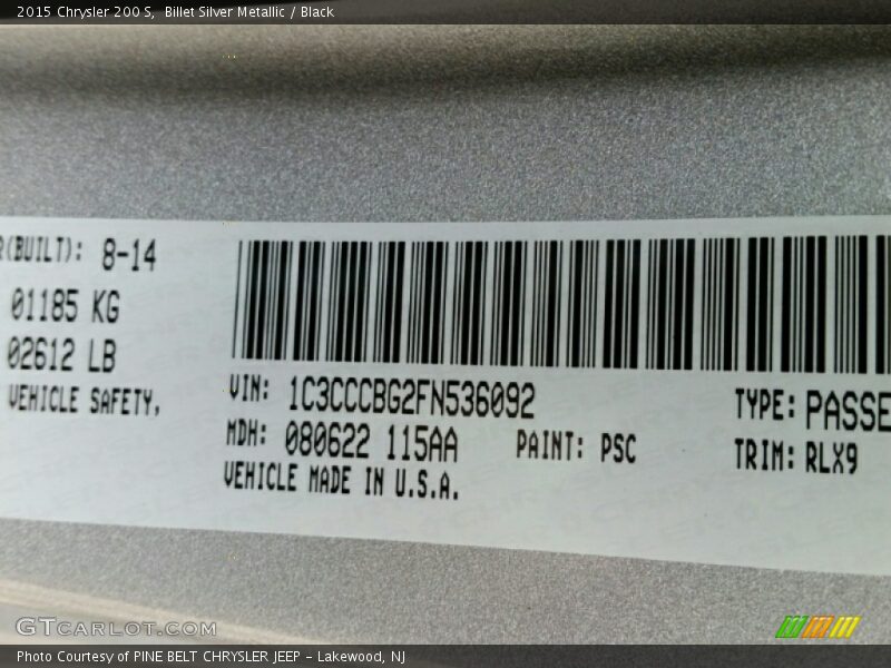 Billet Silver Metallic / Black 2015 Chrysler 200 S