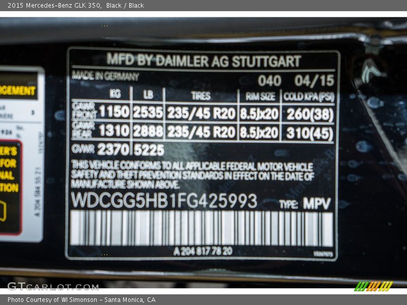 Black / Black 2015 Mercedes-Benz GLK 350