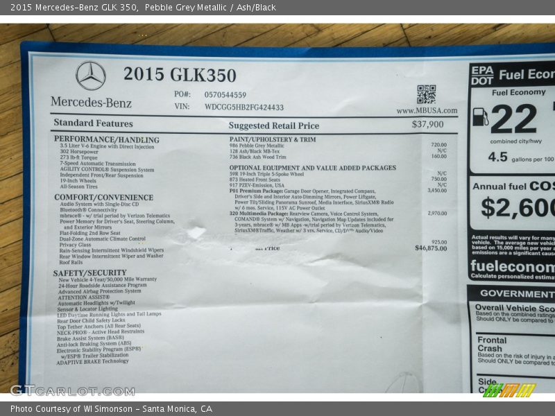 Pebble Grey Metallic / Ash/Black 2015 Mercedes-Benz GLK 350