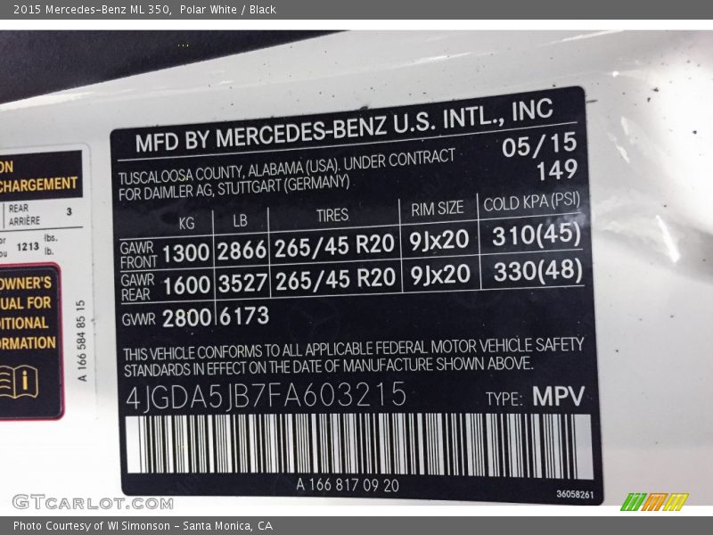 Polar White / Black 2015 Mercedes-Benz ML 350