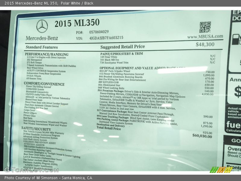 Polar White / Black 2015 Mercedes-Benz ML 350