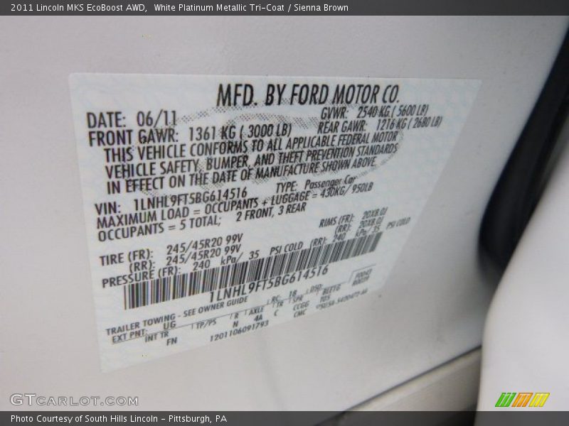 White Platinum Metallic Tri-Coat / Sienna Brown 2011 Lincoln MKS EcoBoost AWD