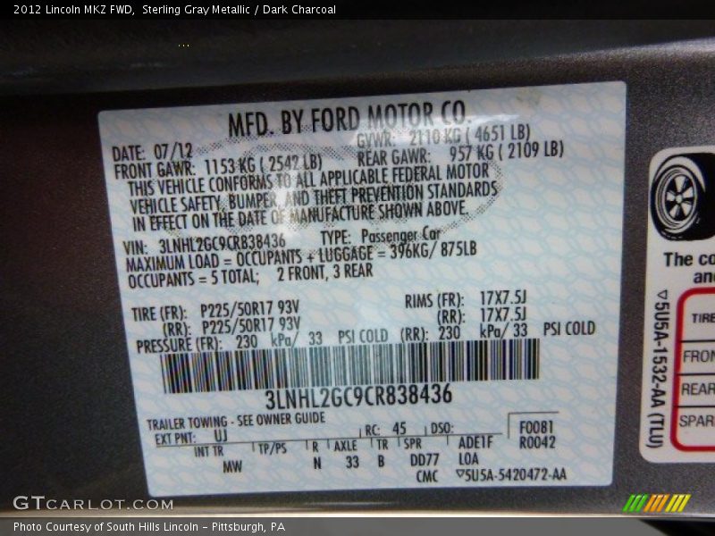 Sterling Gray Metallic / Dark Charcoal 2012 Lincoln MKZ FWD