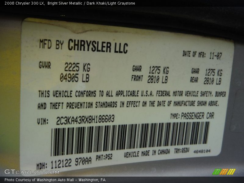 Bright Silver Metallic / Dark Khaki/Light Graystone 2008 Chrysler 300 LX