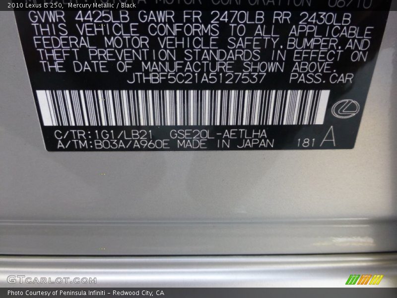 Mercury Metallic / Black 2010 Lexus IS 250