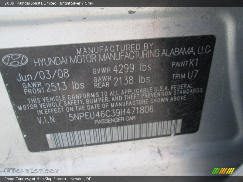 Bright Silver / Gray 2009 Hyundai Sonata Limited