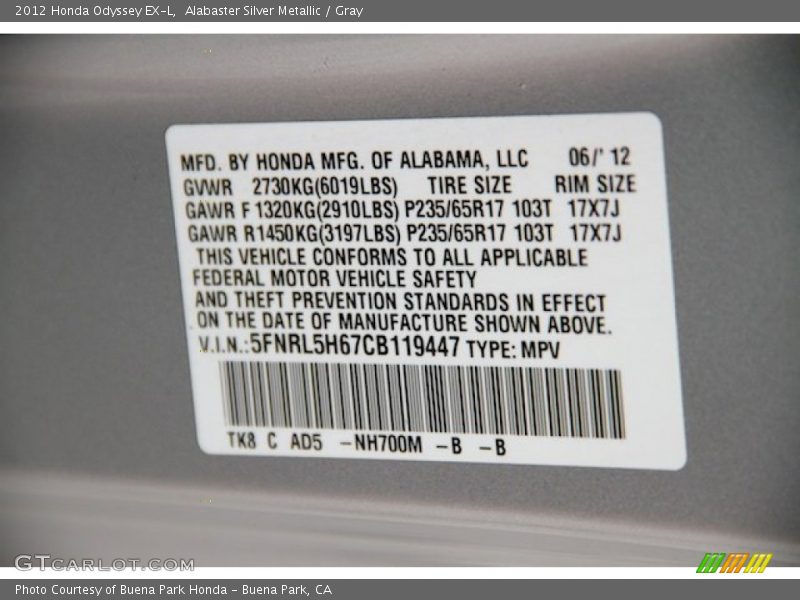 Alabaster Silver Metallic / Gray 2012 Honda Odyssey EX-L