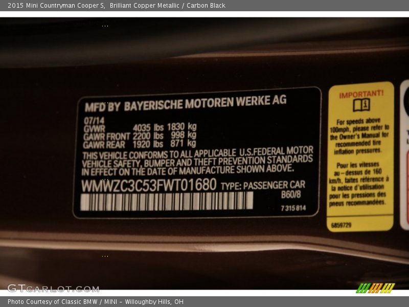 Brilliant Copper Metallic / Carbon Black 2015 Mini Countryman Cooper S